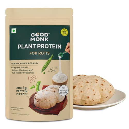 Image of Good Monk Plant Protein for Rotis | Add 5 gm Protein per Roti | From Pea, Brown Rice & Soy | Clean Protein & Gut Friendly Probiotics | All Essential Amino Acids | Stronger Muscles | Add to Atta - No Taste Change | No Added Sugar /Sweetener | 131 gm