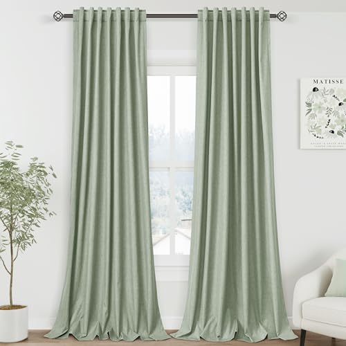 Image of Light Sage 100% Blackout Linen Curtains 108 Inches Long for Bedroom Back Tab Thermal Insulated Modern Farmhouse Decor Black Out Curtain for Living Room Floor to Ceiling High Window 52x108, 2 Panels