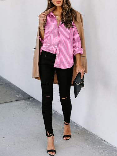 Image of siliteelon Striped Button Down Shirts Women Cotton Long Sleeve Work Blouses