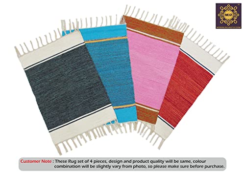 Image of MDZ Hand Woven Cotton Modern Assorted Border Rug | Size : 16 inchx24 inch Inch or 40 x 60 cm | Color: Assorted Multi | Machine Washable | Eco Friendly | Multi Uses (Combo of 4 Pcs.)