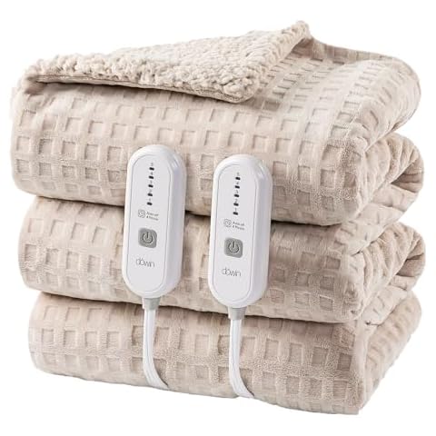 Dowin Electric Blanket Queen Size - Waffle Heated Blanket with Dual Control, 5 Heating Levels, 10 Hrs Auto Off, Sherpa Fleece Warming Blanket for Bed, Machine Washable, 84x90 Khaki Cover