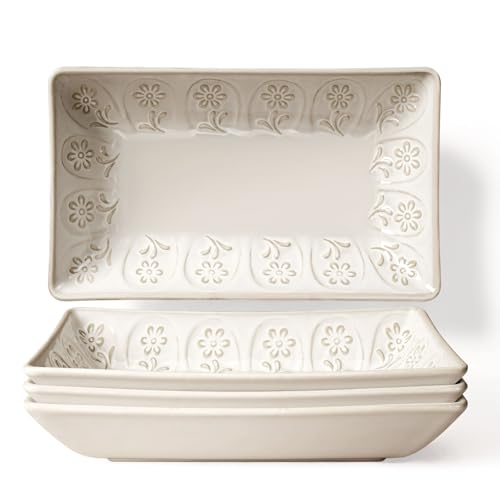 Artena Ceramic 8.25 Inch Rectangle Salad Plates Set of 4 - Deep Plates for Appetizer, Dessert, Dinner, Sushi, Snack, Pasta, Serving - Microwave Safe w