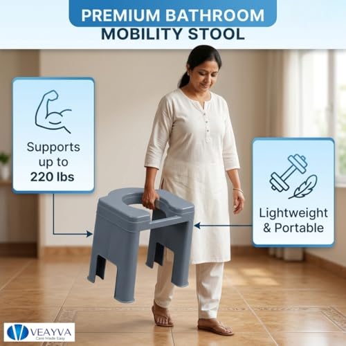 Image of Veayva FlexEase Commode Stool - Wide Seat, Non-Rust Plastic, Knock-Down Design | Shower-Friendly Toilet Stool for Elderly, Disabled, Adults | Lightweight & Hygienic (Stone Grey)