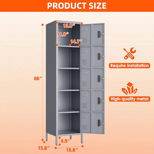 Image of Aobabo 16 inch W 5 Door Metal Storage Locker with Lock, 66 inch H Steel Locker with Name Card Holder and Metal Leg for School, Home, Office, Playroom, Assembly Required, Dark Grey