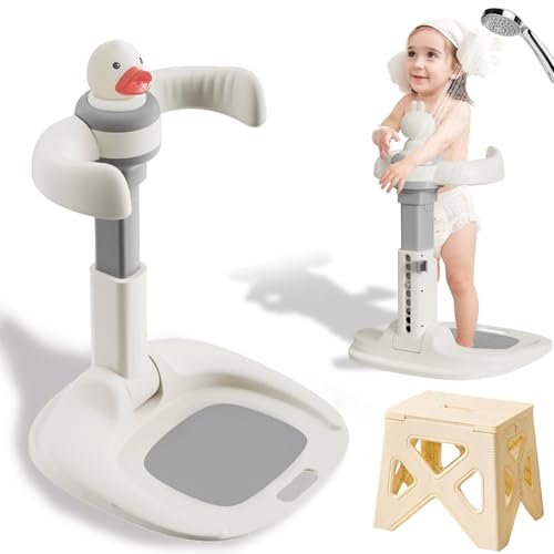 Image of Jfxgjuv Adjustable Baby Shower Stand with Anti-Slip Base, Baby Bath With Stand, 6-36 Months Toddler Shower Standing Support, Bath Shower Standing Support, Easy Setup, Safe Design (Upgraded-Duck)