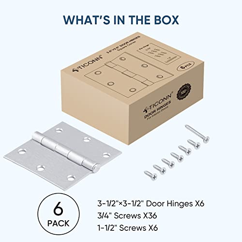 Ticonn 6-Pack 3.5 Inch Door Hinges With Square Corner, 3-1/2 X 3-1/2 Inch Iron Bifold Residential Doors Hardware (Square Corner, Satin Chrome, 6 Pack) #TOP4