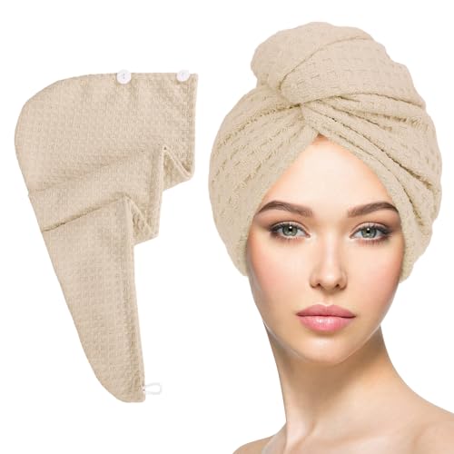 Toalha de secagem de cabelo de microfibra com botão 1 pacote de waffle cáqui envoltório de cabeça de