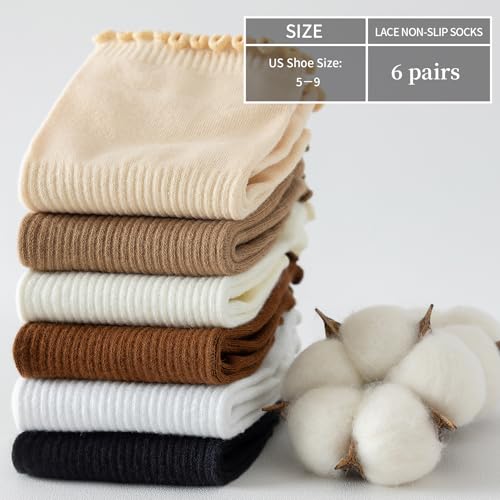 Image of No Show Socks Womens Low Cut Non Slip Ruffle Ankle Socks 6 Pairs | Frilly Soft Cute Solid Color Lettuce Edge Comfort Breathable One Size 5-9