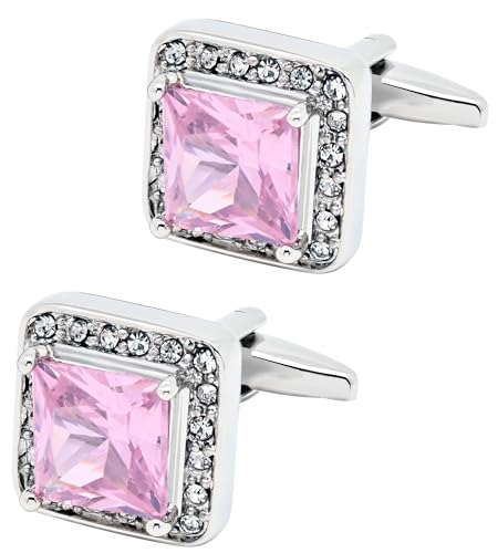 Pink Crystal Square Silver Cufflinks for Men Lady In Gift Case Classic Faceted Gemstone Men's Cufflinks Jewelry Set for Wedding Anniversary Business Party Events Tuxedo Dress