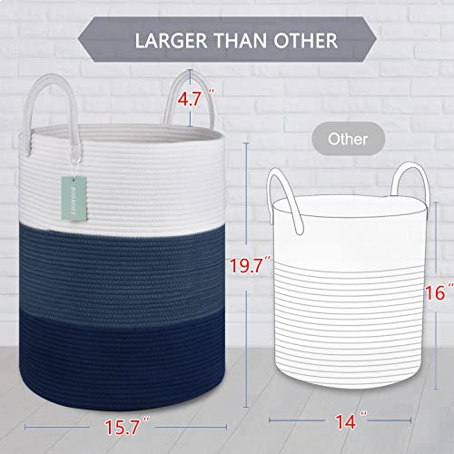 Image of Large Cotton Rope Laundry Hamper for Clothes 65L, White & Blue | 16 inchx 20 inch, Tall Woven Storage Basket for Nursery, Bedroom & Living Room; Stores Clothes, Blankets, Pillows, Toys & Towels