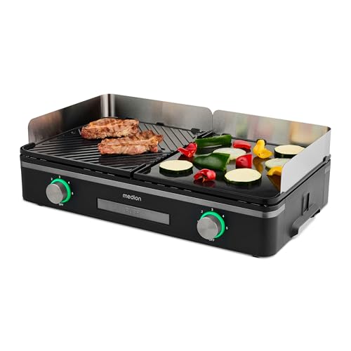 MEDION Tischgrill elektrisch mit Dual-Zonen-System (2400 Watt Elektrogrill, 2 abnehmbare Platten,...