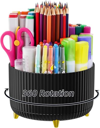 Marbrasse Organizador Escritorio,Portabolígrafos de Escritorio Giratorio 360 Grados,Organizador de Lápices con 5 Compartimentos para la Fficina y el Hogar(Oscuro)