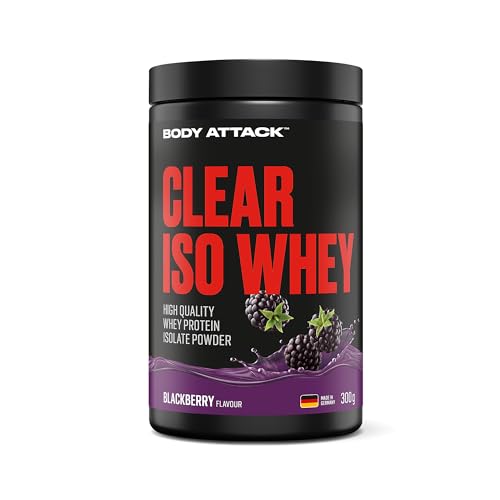 Body Attack Clear Iso Whey Blackberry, 300g - Made in Germany - Erfrischendes, klares Whey Protein Isolat - 24 g Protein und 11.400 mg EAAs pro Iso Whey Shake, zucker-& fettfrei