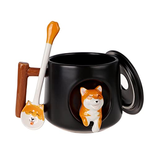 Süße Shiba Inu Tasse mit Deckel & Löffel | Hunde Kaffeetasse | Steinzeug | 380ml | Farbe: Schwarz
