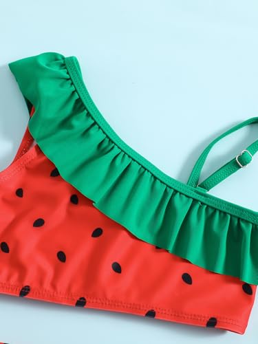 Image of Girl's Watermelon Print Two Piece Bikini Set One Shoulder High Waist Bathing Set Red 110