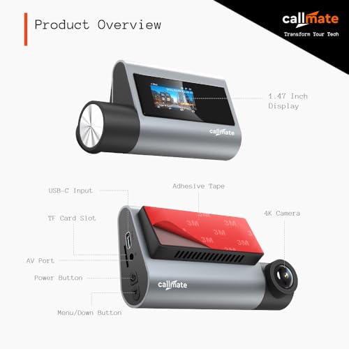 Image of CALLMATE Roadvoyager 4K Ultra HD Car Dashboard Camera, 1.47 Inch Display, Dual Recording (Parking Monitor, G-Sensor) with Easy Installation (App Control, 170 Wide Angle Lens) Support Upto 256 GB