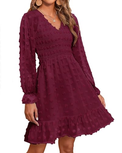 BTFBM Long Sleeve Fall Dresses for Women 2025 Casual V Neck Swiss Dot Smocked Ruffle Chiffon Summer Flowy Mini Dress
