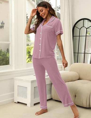Image of HNG Women Pajamas Set 2 Piece Button Up Pajamas Pant and Short Sleeve Shirt for Woman Pj Sets with Pocket