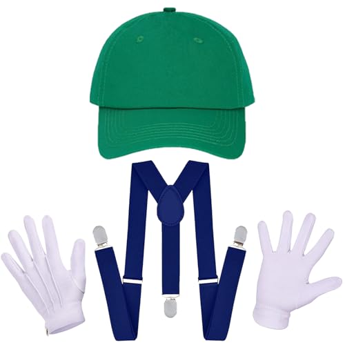 Yaliuliu Novelty Mari and Luigi Costume for Adult,Women and Men - Complete Halloween & Cosplay Accessory Set with Hat, Mustache, Gloves, Buttons, and Suspenders, Green