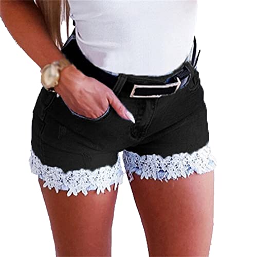 Lace Jeans Shorts for Women Summer Stretch Skinny Denim Pants Ripped Distressed Shorts with Pockets (XX-Large,Black)