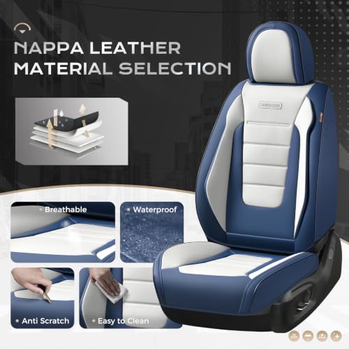 Image of Coverado Car Seat Covers Full Set, Nappa Leather Seat Covers for Cars, Car Seat Protector Car Seat Cushion, Front and Back Seat Protectors Cushions Universal Fit for Most Cars Vehicles(Blue&White)