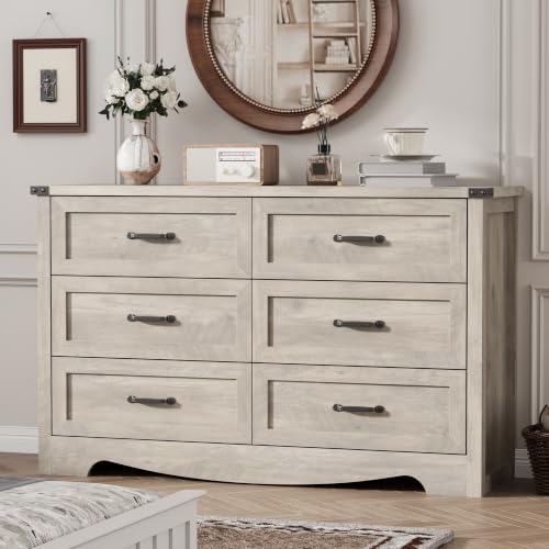 Image of Dresser for Bedroom with 6 Drawers, 54 inch Wide Wood Chest of Drawers with Deep Drawers & Mental Handle, Modern Dresser TV Stand, Wooden Closet Storage Organizer for Living Room, Hallway, Entryway, Grey