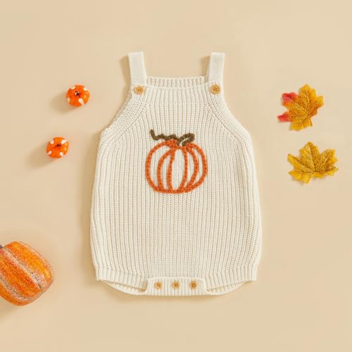 Baby Girl Boy Knit Sweater Romper Cute Sleeveless Pumpkin Embroidery Overalls Jumpsuit Newborn Halloween Outfits3
