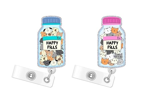 Happy Pills Cat Dog Badge Reels Retractable Funny Cute Badge Holder with Badge Reel ID Clip Name Tag Card Tag Card Badge Clip Acrylic Accessories Gifts Nurse