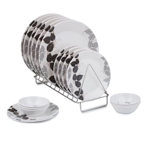 Image of Golden Fish Melamine Round Dinner Set of 18 (6 Plates + 6 Veg Bowls + 6 Half Plates) | Blue-Grey Botanical Leaf Print | Unbreakable, Dishwasher & Microwave Safe
