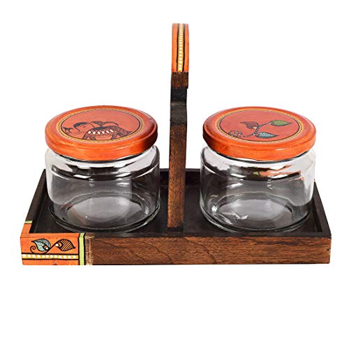 Image of AAKRITI ART CREATIONS Jaar Holder & 2 Glass Jaars | Handcrafted Madhubani Art Storage Jars | Kitchen Decoration Items Stylish Tray & Jars | Kitchen Containers with Tray