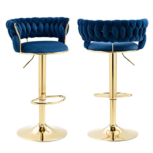 Kivenjaja Velvet Woven Bar Stools Set Of 2, Modern Height Adjustable Swivel Barstools Counter Chairs With Back & Golden Metal Base For Pub, Kitchen, Cafe (Navy Blue) #TOP30