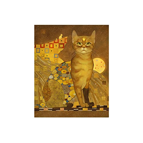 グスタフクリムト猫アートキャンバス絵画抽象的なレトロな動物ペット黄色のポスターとリビングルームの装飾のためのプリント壁の写真50x70cmx1フレームなし