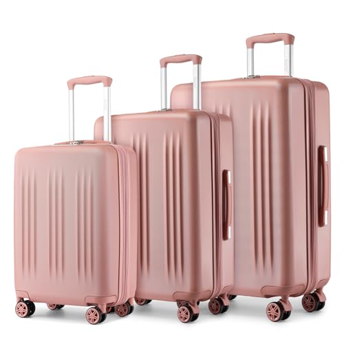 Image of Kono 3 Piece Expandable Luggage Set 20 /24 /28inch Suitcases for Long Travel | Lightweight PC+ABS hardshell suitcases set with TSA locks, 360 Silent spinner wheels, Expandable Design, Nude /Rose Gold