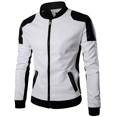 Sumen Men's Casual Long Sleeve Stand Collar Patchwork Leather Jackets Coat White
