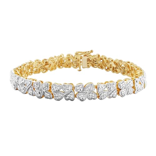 Amazon Essentials Yellow 18K Gold Plated Sterling Silver Genuine Diamond Hearts Bracelet for Women, 7.25