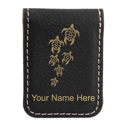 LaserGram Slim Magnetic Money Clip, Sea Turtle Family, Personalized Engraving Included (Black with Gold)