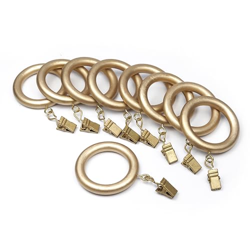 24 Pieces Golden Wooden Curtain Rings with Clips | 1.75 Inch Inner Diameter | Fits 1 to 1.5 Inch Rods | Eyelet Drapery Hooks for Window & Shower Curtains