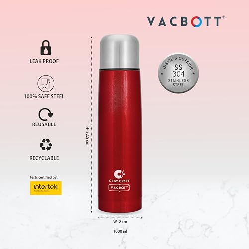 Image of Clay Craft Vacbott Terra Double Walled|18 Hours Hot and 24 Hours Cold Vacuum Insulated|Thermosteel| Flask Bottle 1000 ml|Bottles for Office|Travelling|BPA-Free|BIS Certified|1Year Limited Warranty