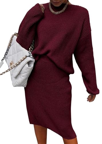 Image of Women 2 Piece Knit Sweater Skirt Set Midi Sweater Dress Long Sleeve Pullover Bodycon Knitted Skirt Set Outfit