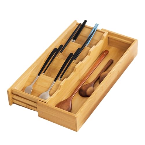 Organizador de cubiertos de madera, bandeja de utensilios de cocina, organizador de horquilla de cuchara, 40x14x6cmadjustable y expandibles secciones de almacenamiento múltiples para cucharas, tenedor