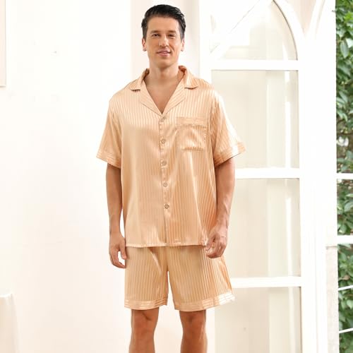 Men's Silk Satin Pajama Sets,Button-Down Loungewear,V-Neck Mens Pj Sets with Pocket Two-Piece3