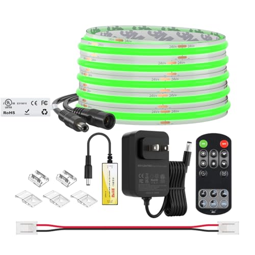 Image of BTF-LIGHTING Green Color COB LED Strip Light, UL Listed High Density Flexible Tape Light with RF Remote & ETL Power Adapter, DC12V 16.4FT Ultra Bright Light for Cabinet Kitchen Home Indoor Lighting