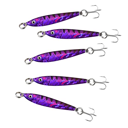 Qty 5 Purple Fish WOW! 1oz Fishing Metal Mega Live Bait Jig Quality Holographic Finish mega Realistic Luna Lures with a Super Sharp 3X Treble Hook