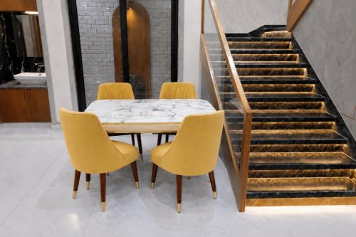 Image of WOODEN SPACE 4 Seater Wooden Dining Table Set | Urban Marble Top Dining Table with Chairs for Dining Room & Kitchen (Modern Frontline Yellow) (54 x 36 x 30 inch)
