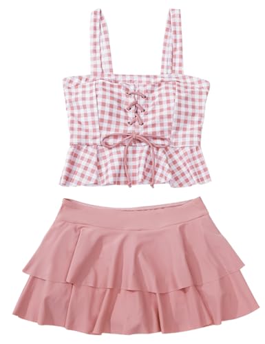 KORADI Girls' Bikini Sets 2 Piece Swimsuits Check Print Ruffled Bathing Suit Kids Swimwear Beach Shorts