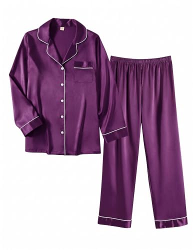 Image of Ekouaer Women Satin Pajamas Set Classic Button Down Long Pjs Set