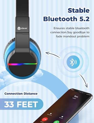 Image of iClever Bluetooth Headphones with Mic, Headphones for Kids with 74 /85dBA Volume Limited Over Ear Headset, 85H Playtime, Fast Charging, Bluetooth 5.2, BTH12 Headphones for Boys iPad, Blue&Black