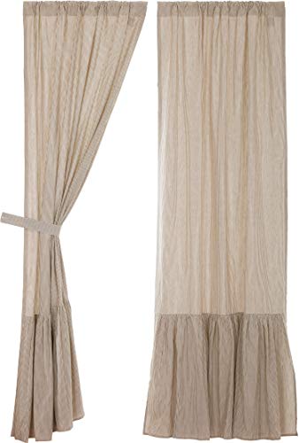 Sara's Ticking Ruffled Panel Curtains, Set Of Two, 84" Long, Black & Cream Mini Mini Stripe, Vintage Farmhouse, Country Cottage Drape Window Treatment #TOP4