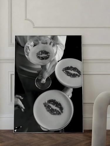 Tableau toile noir et blanc artistique haut de gamme motif vin et lèvres 40x60 cm