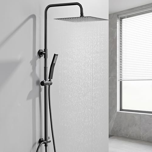 Auralum Columna Ducha Negra sin Grifo, Set de Ducha con Cabezal de Ducha Lluvia 30×30 cm Cuadrado Acero Inoxidable, Alcachofa, Barra de Ducha Altura Regulable 68 108cm,válvula desviadora de Latón